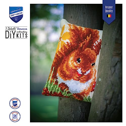 Vervaco Autumn Squirrel Cross Stitch Cushion Kit, Off-White, ca. 40 x 40 cm