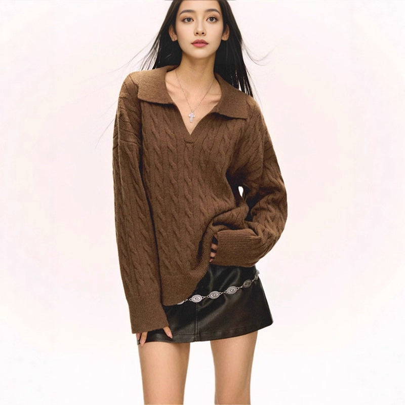 Lapel Twisted Pullover Sweater For Women