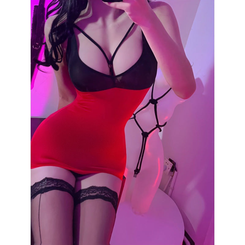 Mini Dress Lace Transparent Nightclub V-neck Sexy Women Patchwork KTV Girl Skirt