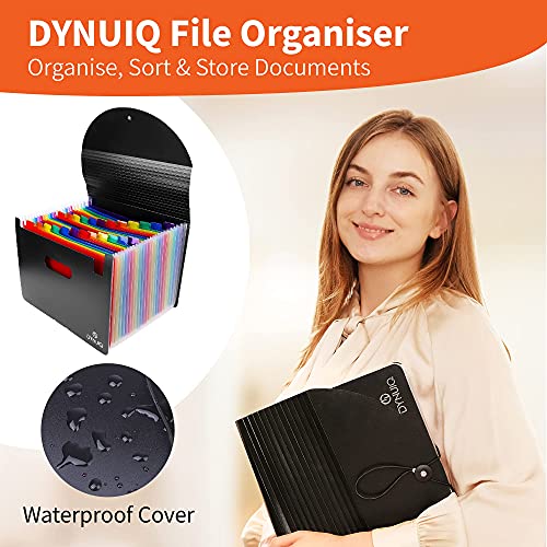 DYNUIQ File Organiser Pocket Document Organiser, Folder with Foldable Lid and Multi-Coloured Labels, A4 Expanding File Folder Organiser and Document Storage Box File