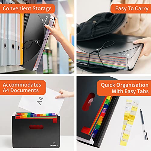 DYNUIQ File Organiser Pocket Document Organiser, Folder with Foldable Lid and Multi-Coloured Labels, A4 Expanding File Folder Organiser and Document Storage Box File