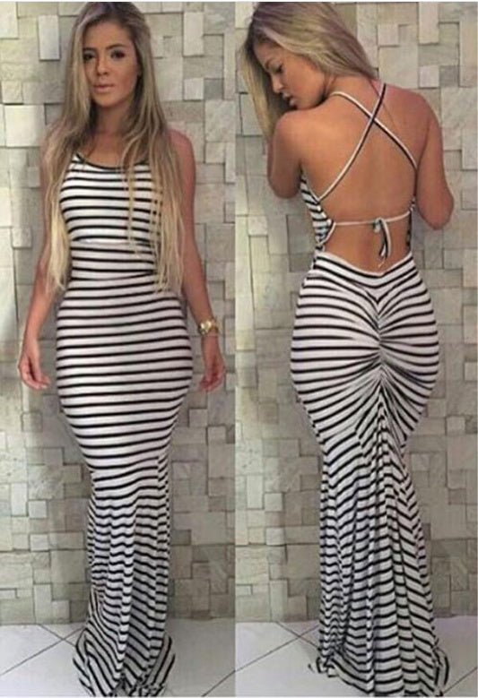 Black and white striped slim sling backless sexy dress