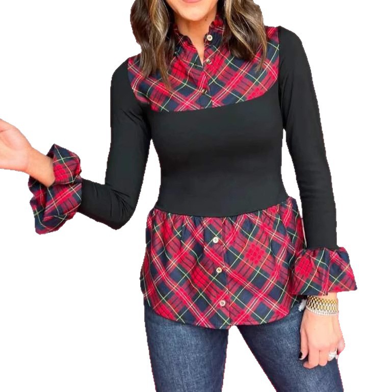 Women's Retro Ruffle Trimmed Shirt Collar Red Plaid Print Patchwork Top