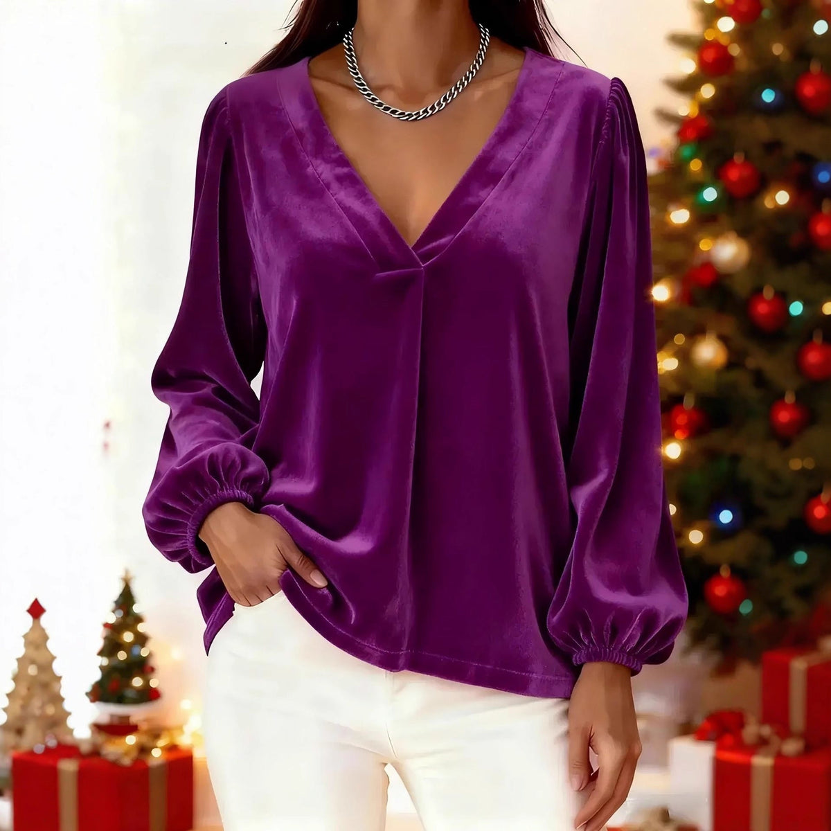 Velvet V-neck Elegant And Luxurious Lantern-sleeve Women's Top