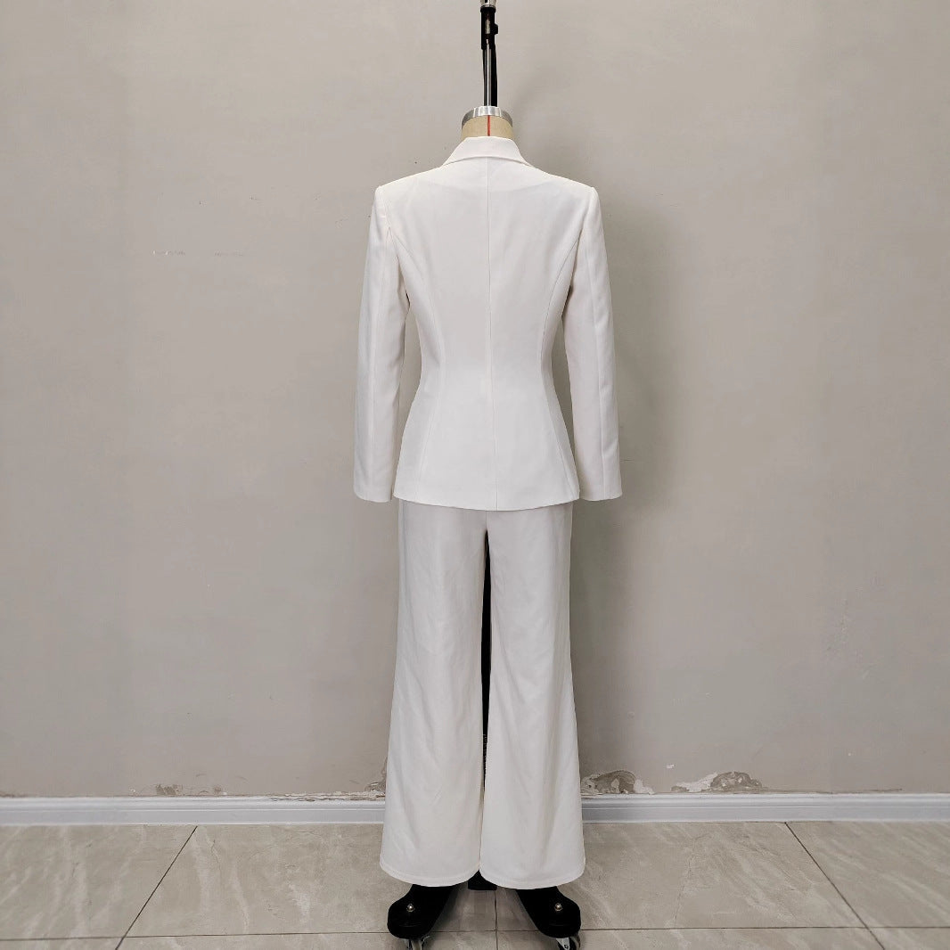 Metal Decorative Strip Embellished Design Trousers Slim Fit Long-sleeve Suit