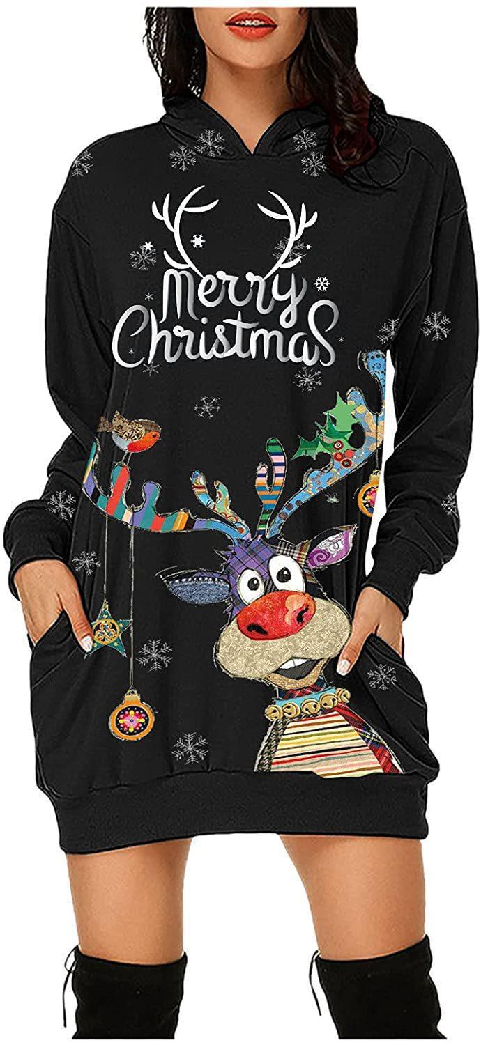 Women's Long-sleeved Sweater Dress Autumn New Christmas Print Hooded Skirt