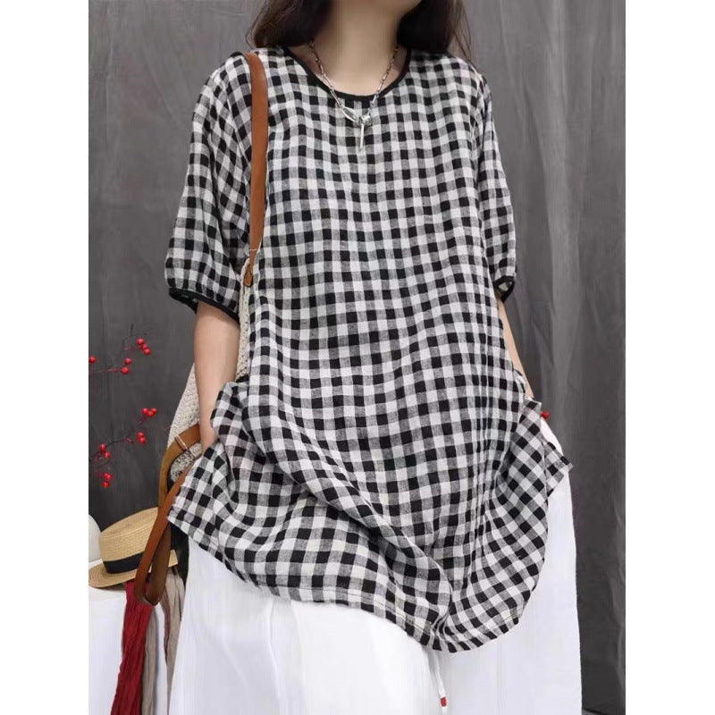 New Vintage-style Loose-fitting Oversized Artistic Top Plaid Casual Versatile Mid-sleeve Shirt