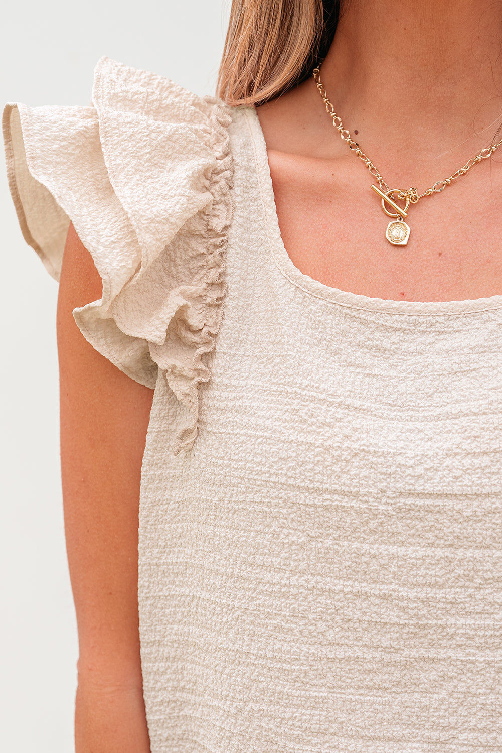 Beige Textured Bow Knot Frilled Butterfly Sleeve Blouse