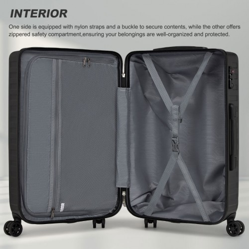 KSS2495 - Supercase 3-Piece Sleek Geometric Pattern Hard Shell ABS+PC Suitcase Set with TSA Lock For Effortless Travel - Black