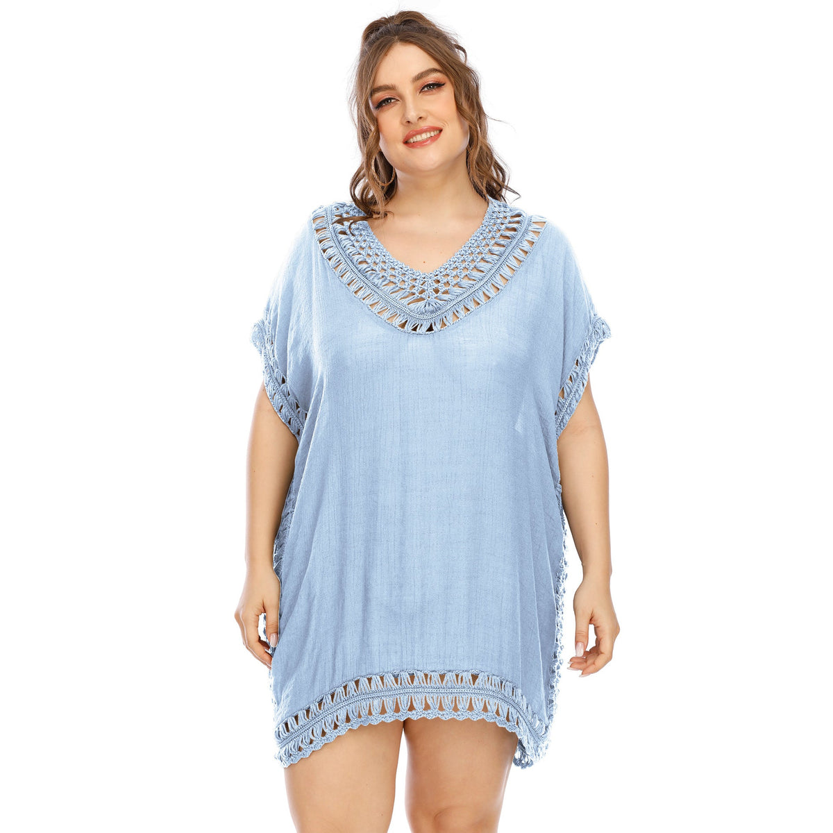 Women's Handmade V-neck Patchwork Solid Color Beach Dress