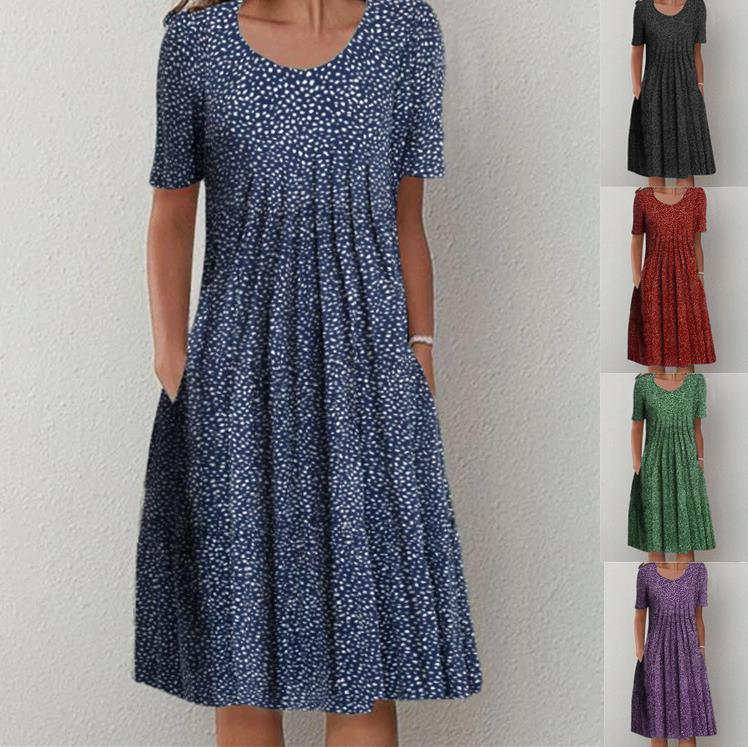 Spring And Summer Polka Dot Printed Round Neck Dress For Women