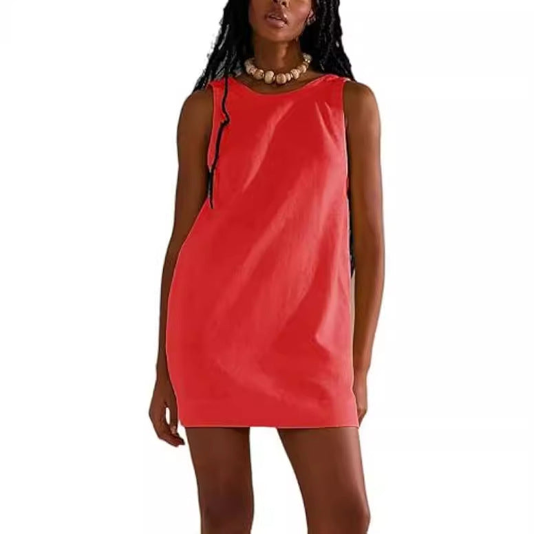 Women's Round Neck Sleeveless Backless Dress Casual