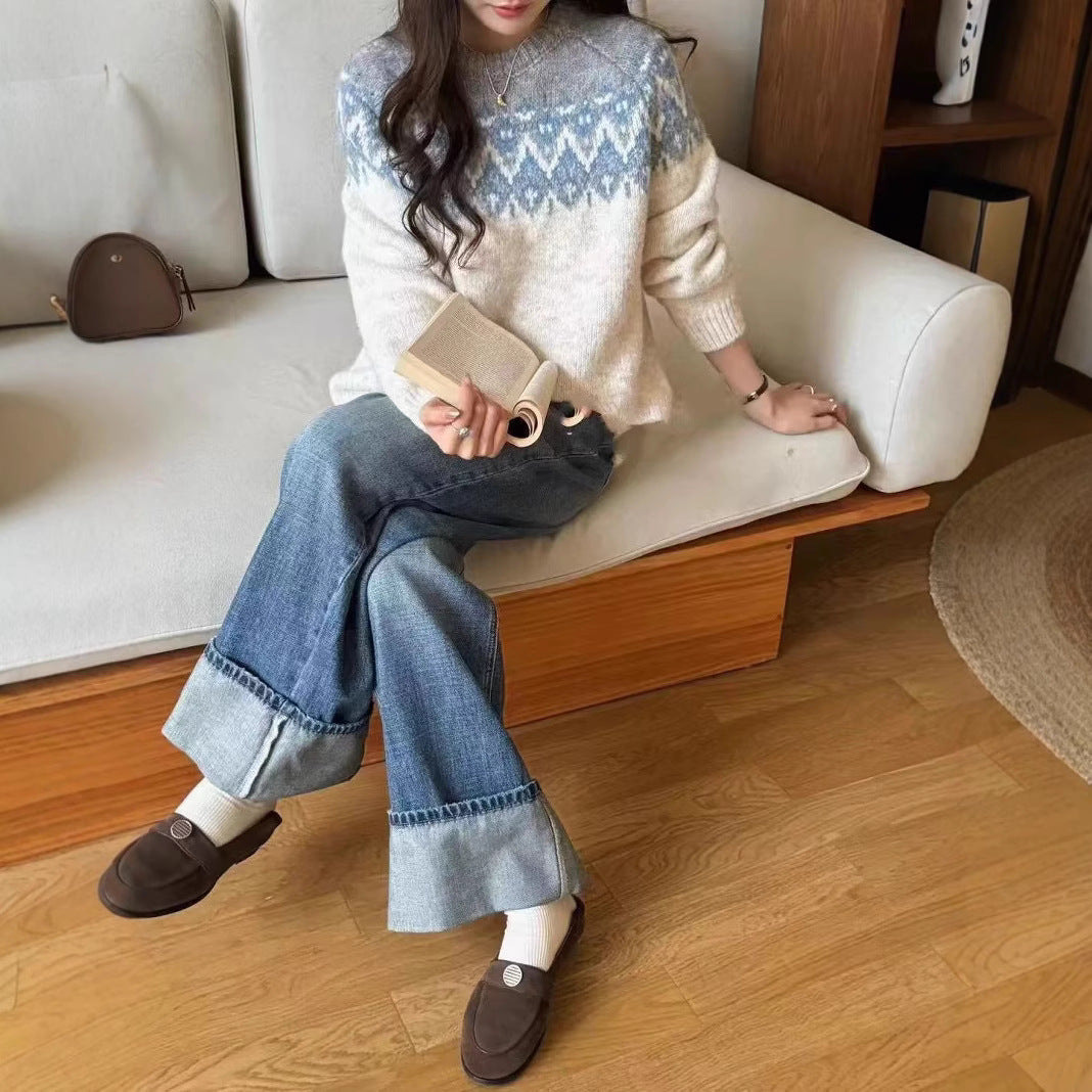 Women's Round Neck Loose Jacquard Sweater Retro Lazy