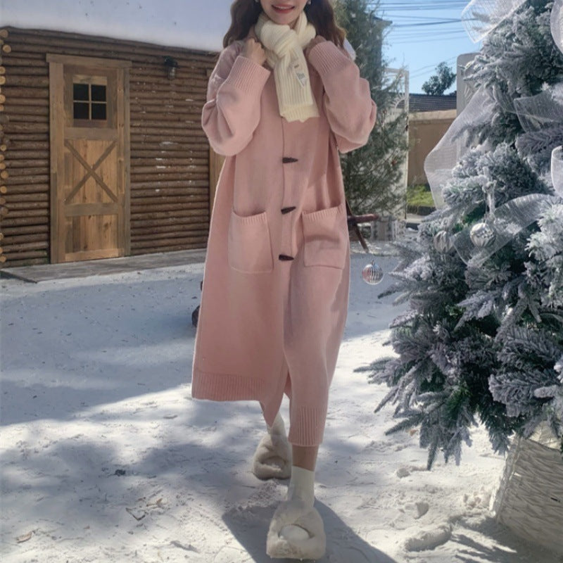 Women's Horn Button Cardigan Sweater | Mid-Length Knit Coat