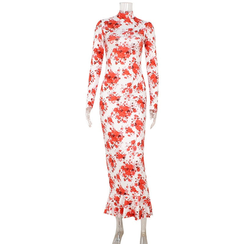Women's Elegant Half-Neck Printed Long-Sleeve Lace-Patchwork Bodycon Dress
