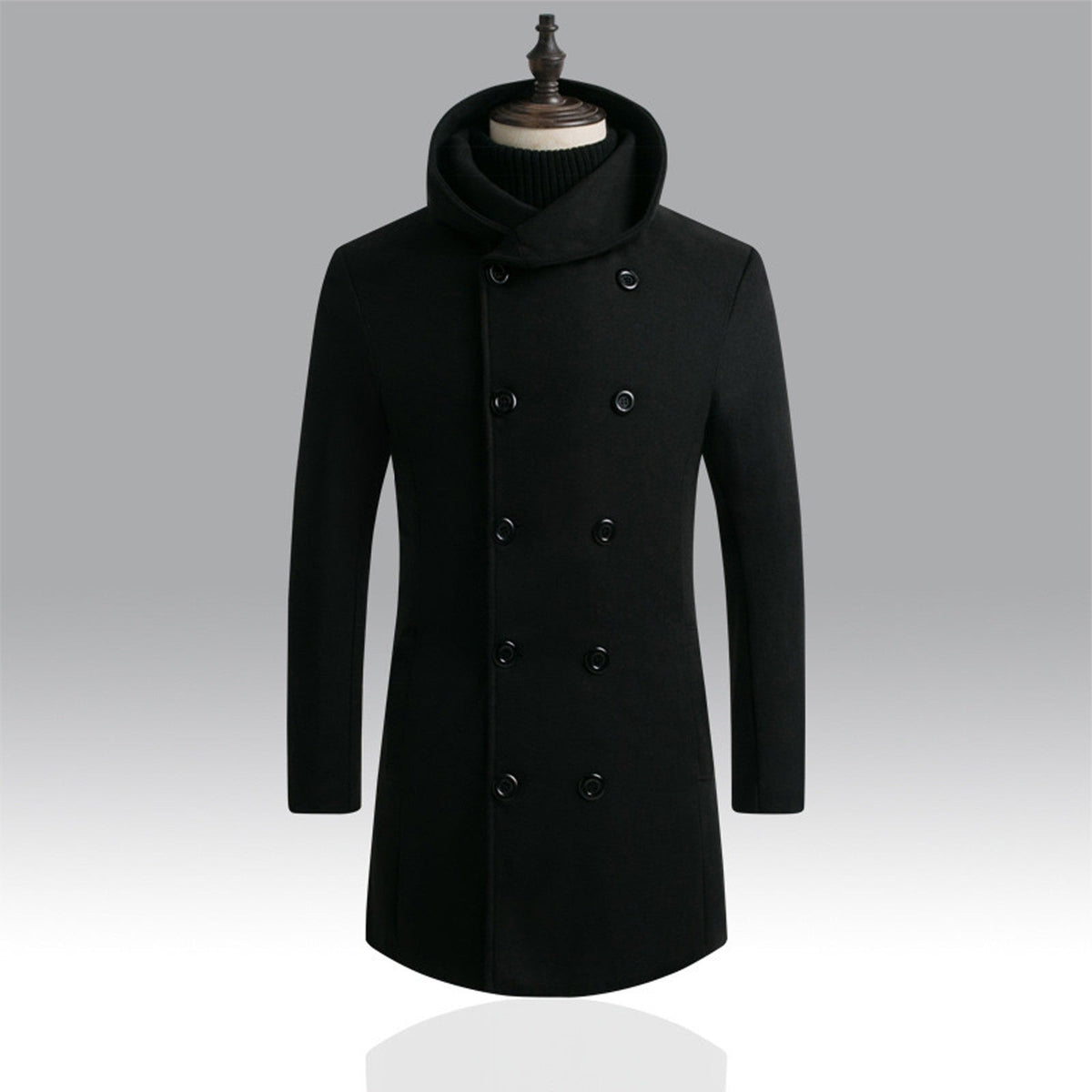 Men's Mid-Length Woolen Coat Padded Hooded Trench Coat
