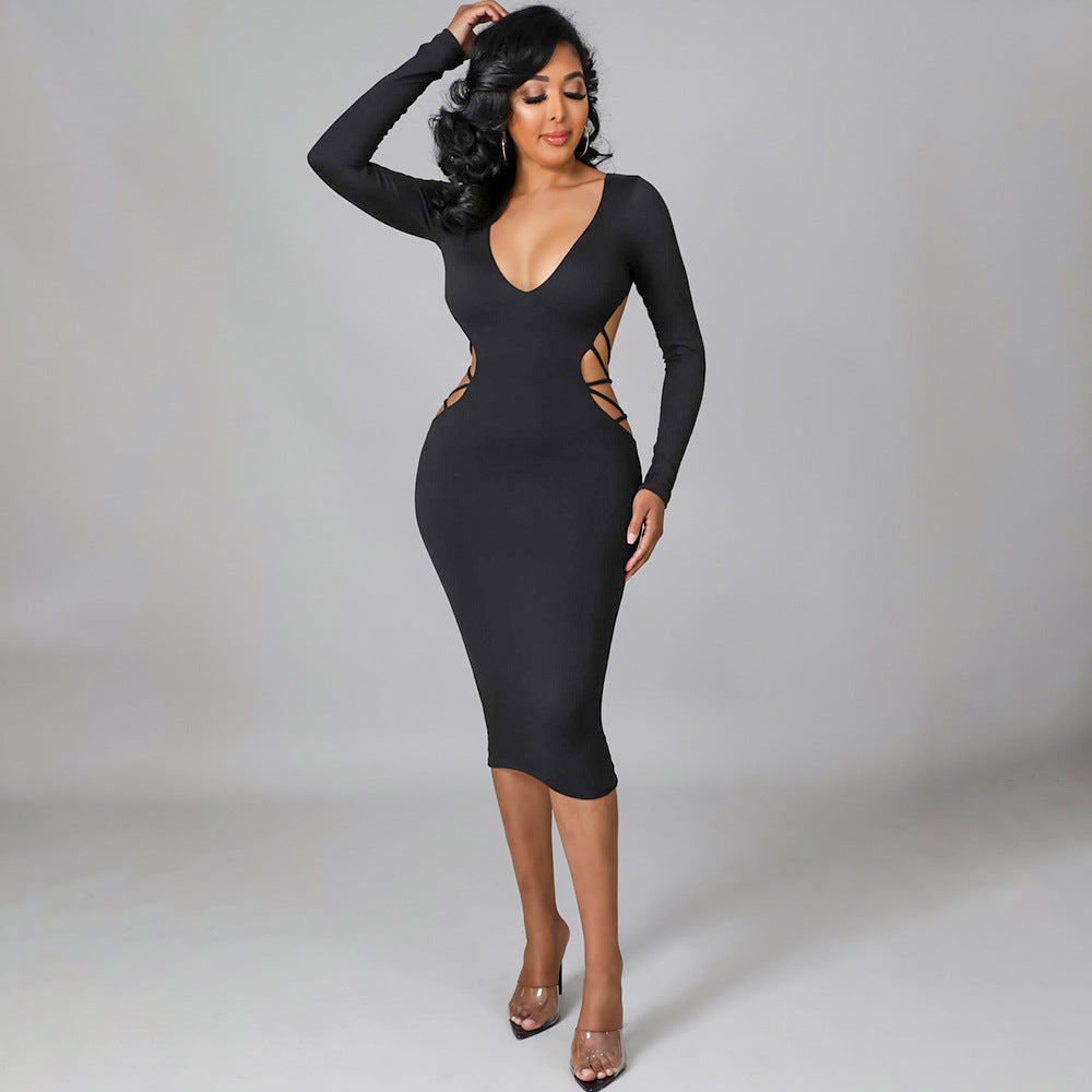 Women's Fashion Skinny Backless Hollow V-Neck Dress