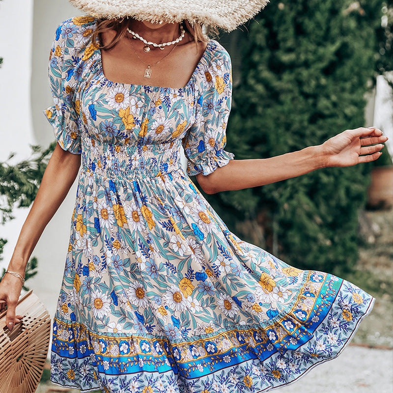 Square Neck Backless Short Sleeve High Waist Print Dress