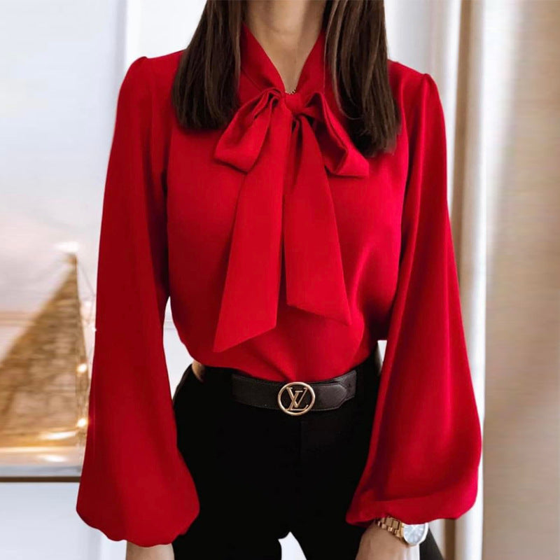 Bowknot Long Sleeve Shirt Collared Women's  Solid Color Professional Business Blouse For Work Office Wear
