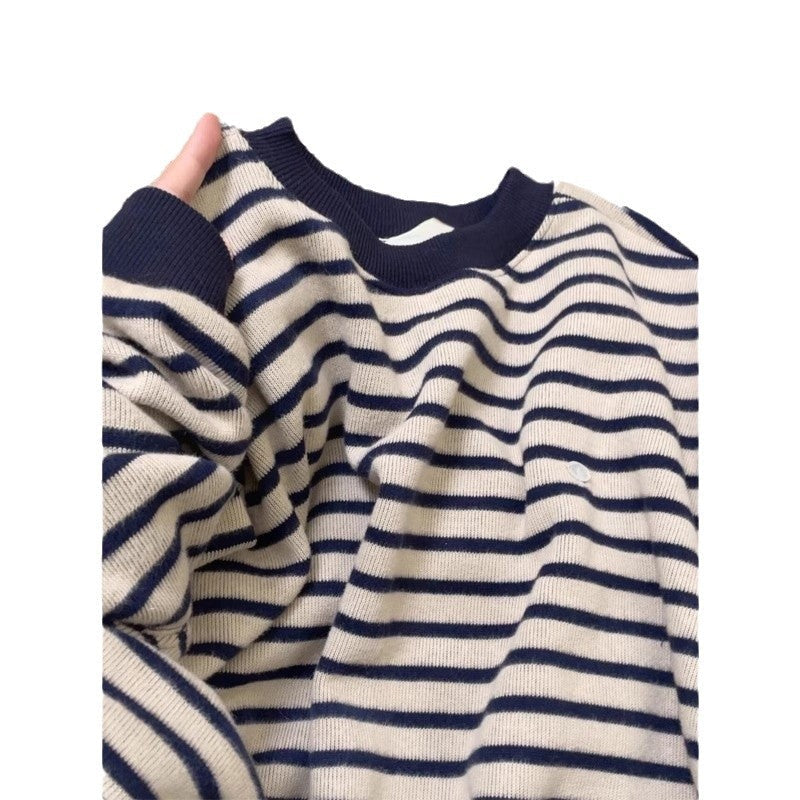 Women's American-style Blue Striped Round Neck Loose T-shirt