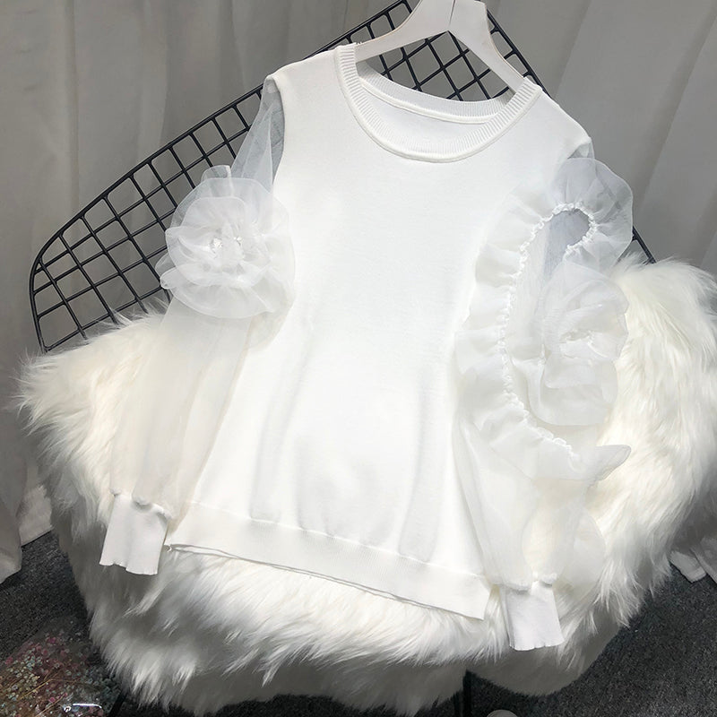 Women Spring Summer Knitted Organza Patchwork Lantern Sleeve