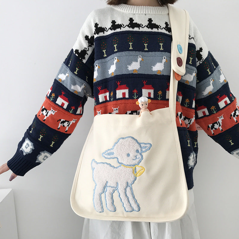 Sheep embroidery wild college style bag