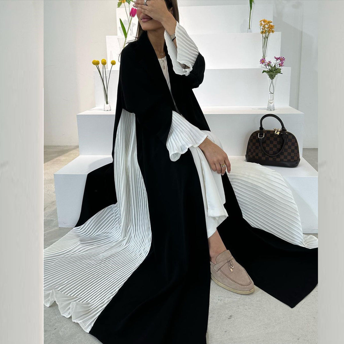 Pleated Dress Female Black And White