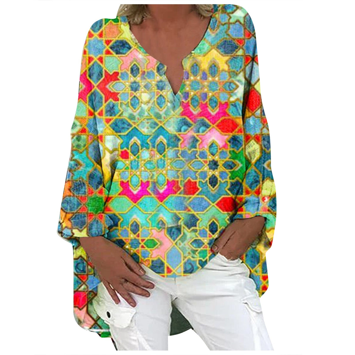 Printed Patchwork V-neck Long Sleeve Plus Size Dress