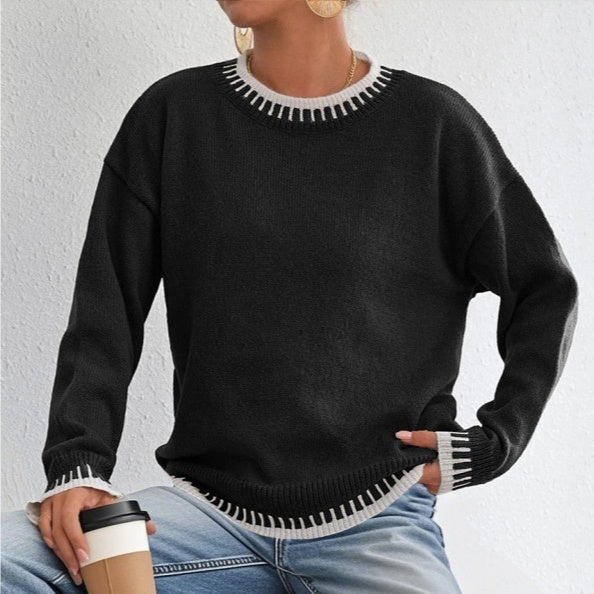 Women's Round Neck Contrast Color Stitching Leisure Pullover Loose Sweater
