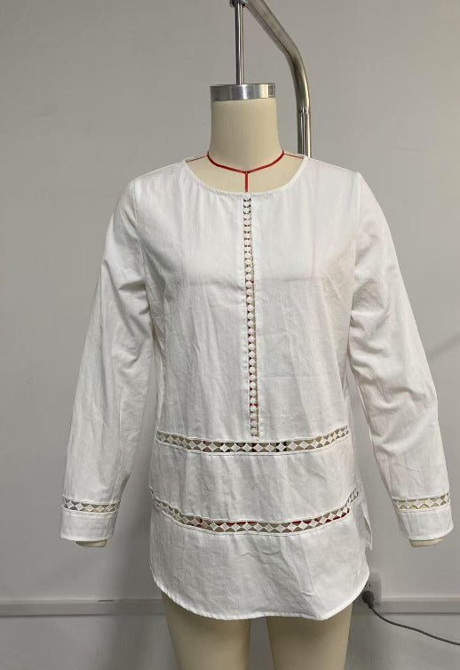 Versatile Women's Round-neck Semi-sheer Hollow-out Long-sleeve Shirt