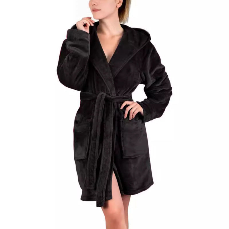 Flannel Plush Solid-color Hooded Thermal Pajamas