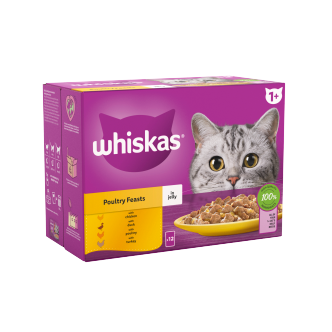 4 x Whiskas Katzennahrung 1+ Frischebeutel in Gelee Geflügel-Festmahl 12er-Pack - 12X85g