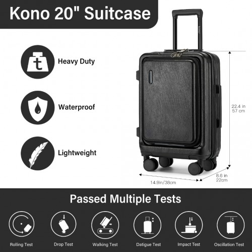 KSK2493 - Kono Durable ABS+PC 20 inch Carry-On Hardshell Suitcase with TSA Lock & Front Laptop Compartment - Black
