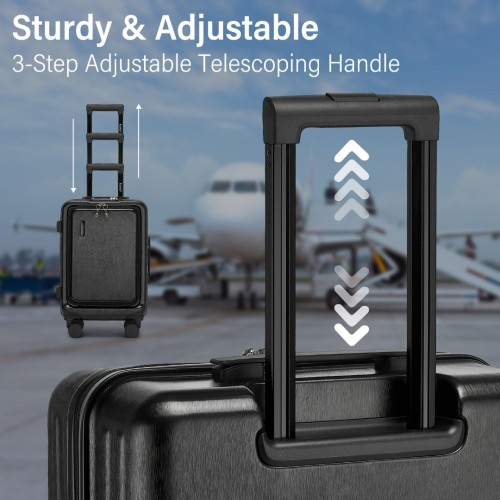 KSK2493 - Kono Durable ABS+PC 20 inch Carry-On Hardshell Suitcase with TSA Lock & Front Laptop Compartment - Black