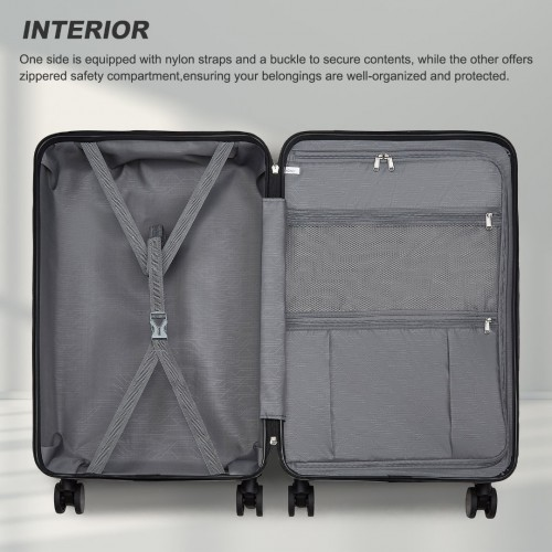 KSK2493 - Kono Durable ABS+PC 20 inch Carry-On Hardshell Suitcase with TSA Lock & Front Laptop Compartment - Black