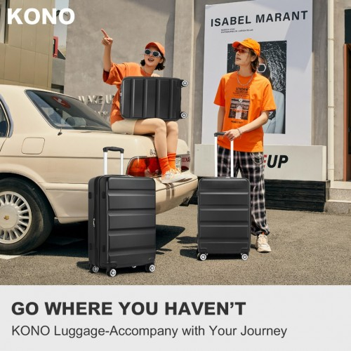 KSK2482 - Kono 3-Piece Horizontal Engraved Hard Shell ABS+PC Suitcase with TSA Lock - Black