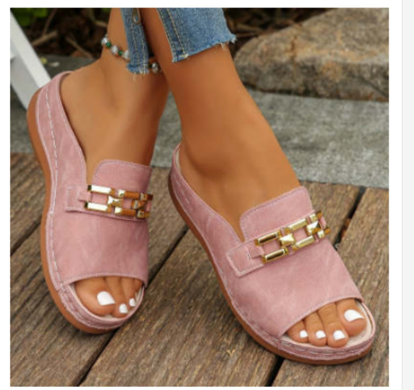 Plus Size Peep Toe Slippers With Metal Accessories