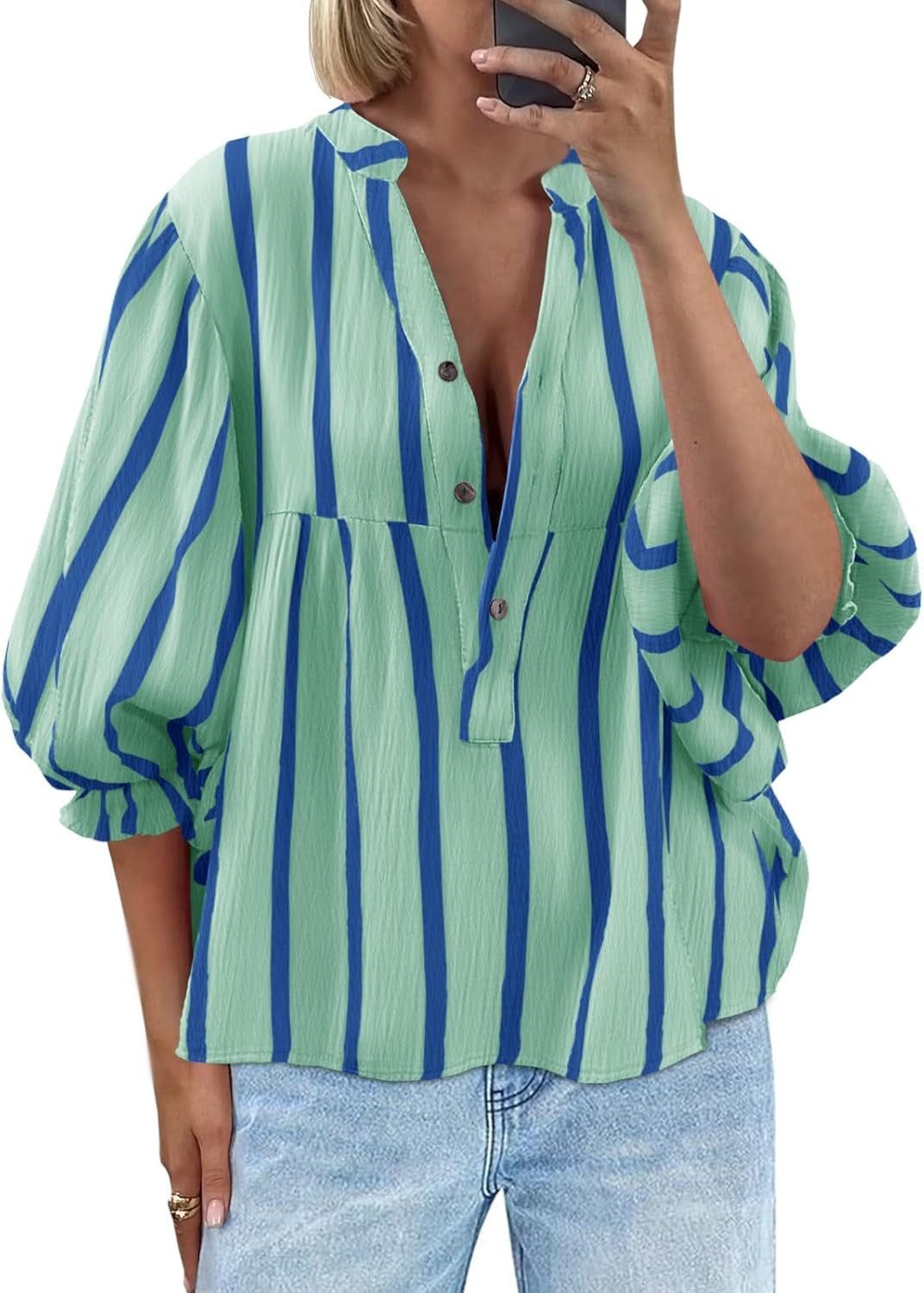 Women's Striped Puff Sleeve Top | Loose Fit Long Sleeve Pullover