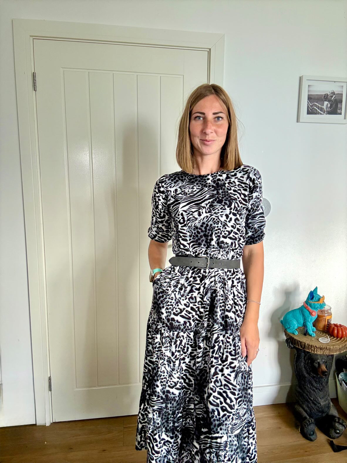 Grey Leopard Cotton Breastfeeding Midi Dress - Discreet Nursing Access | MilkyMoon