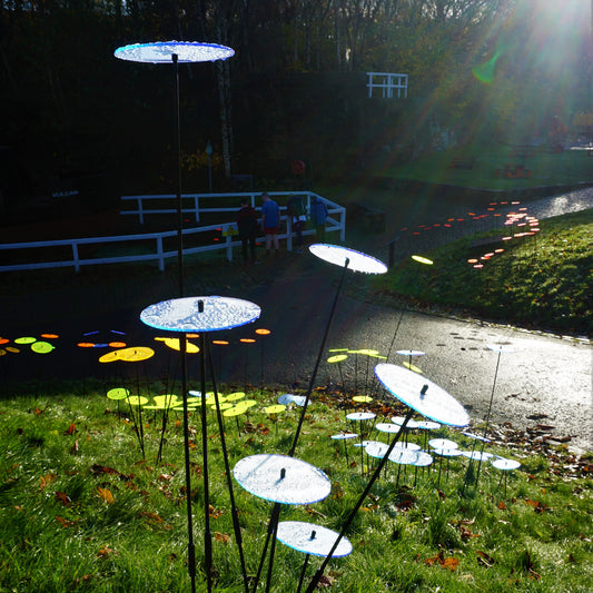 SunCatcher Sun Disc Garden Stakes – Set of 5 | Large Fluorescent Acrylic Garden Ornaments