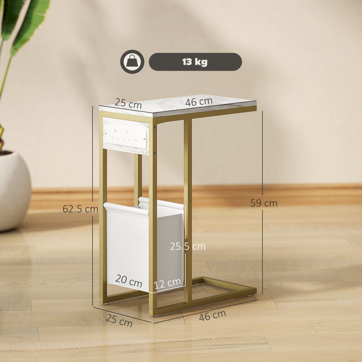 HOMCOM C Shaped Side Table, Faux Marble Bedside Table with Charging Station