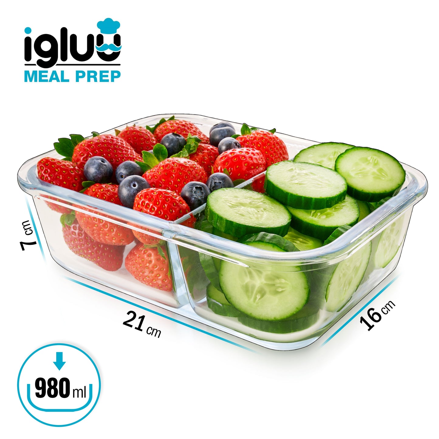 Igluu 2-Compartment Glass Meal Prep Containers | 980ml | Airtight & Oven Safe | 3 Pack