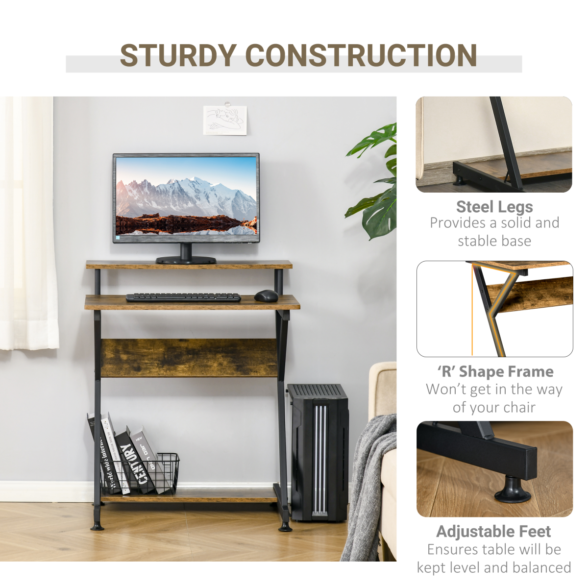 Computer Desk with Monitor Shelf and Storage, R Shaped Brown