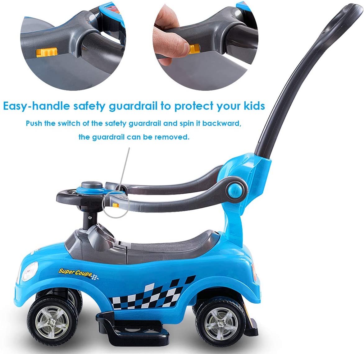 Kids 3 in 1 Ride on Car with Push Handle-Blue