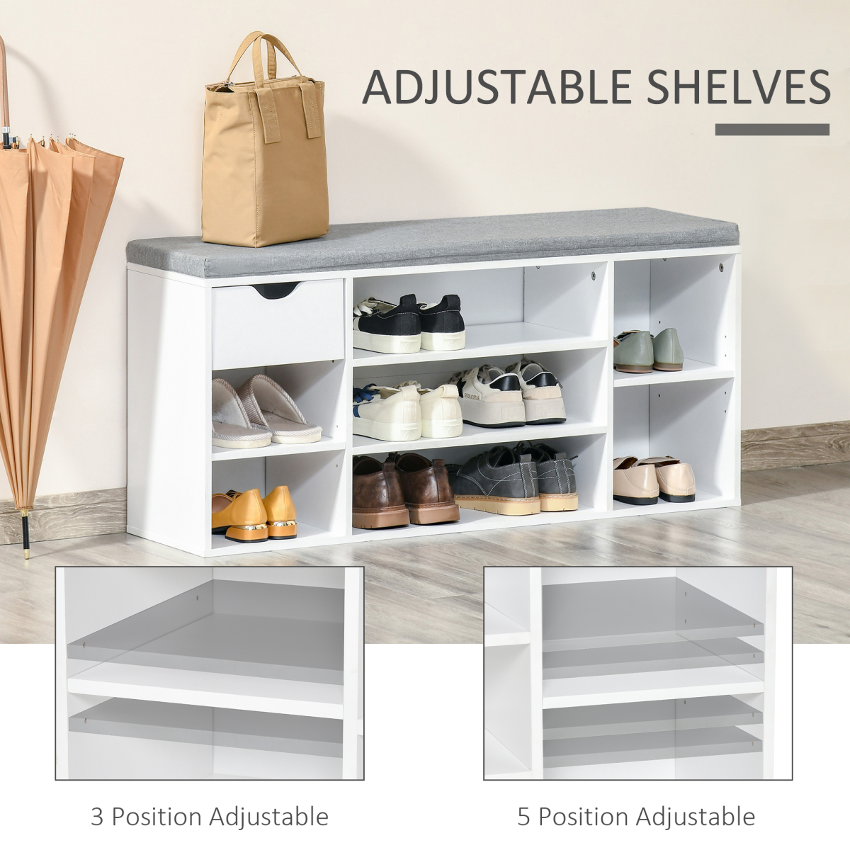 HOMCOM Shoe Storage Cabinet Bench w/ Cushion Adjustable Shelves White and Grey