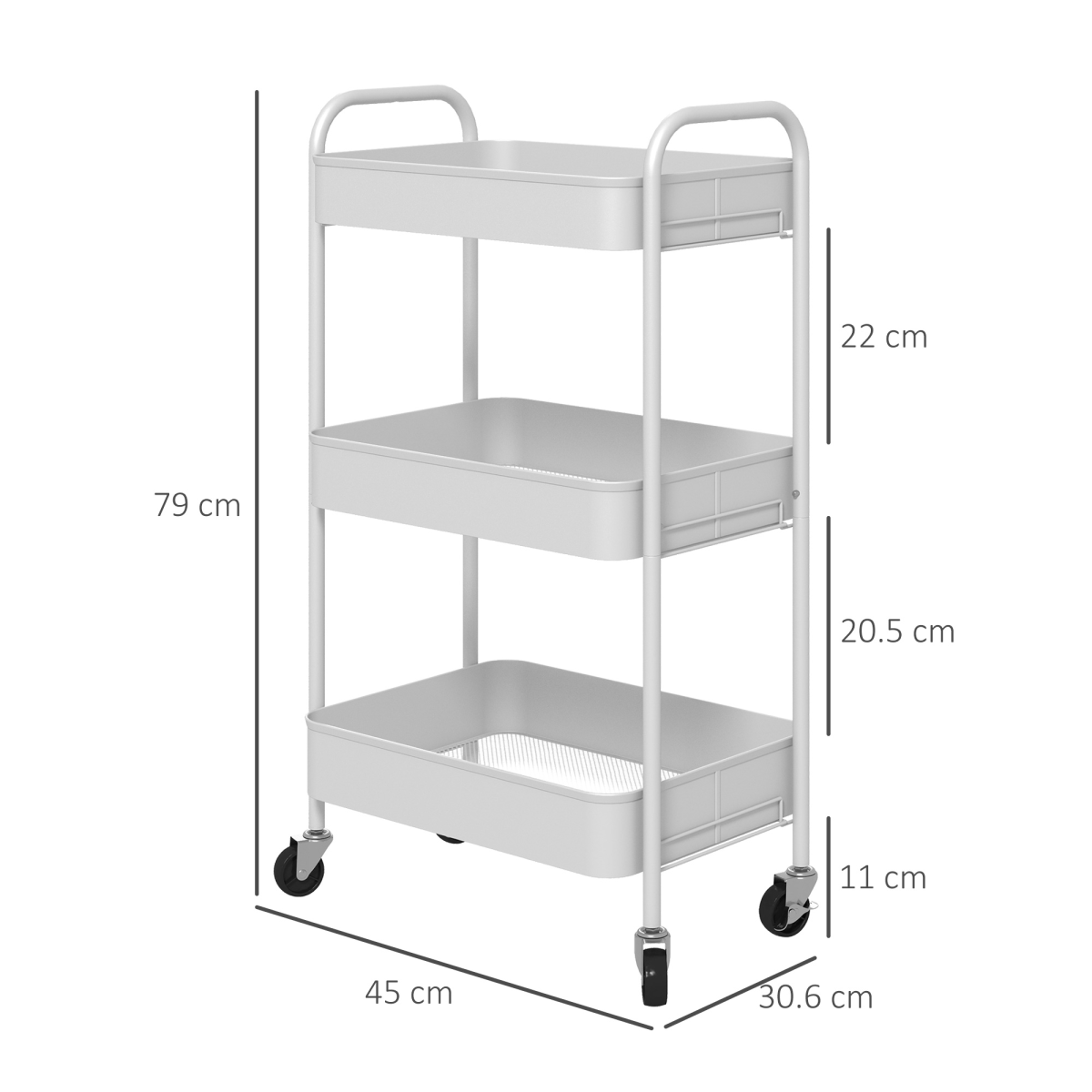 HOMCOM 3 Tier Rolling Utility Cart with 3 Mesh Basket, White