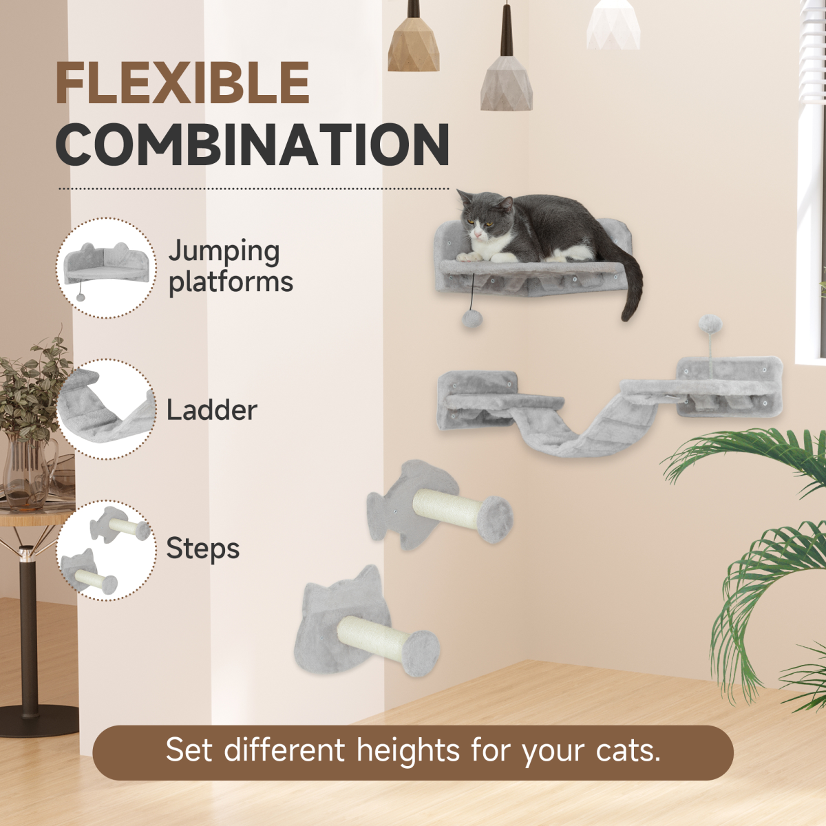 PawHut 4PCs Cat Wall Shelves with Steps, Ladder, Jumping Platforms
