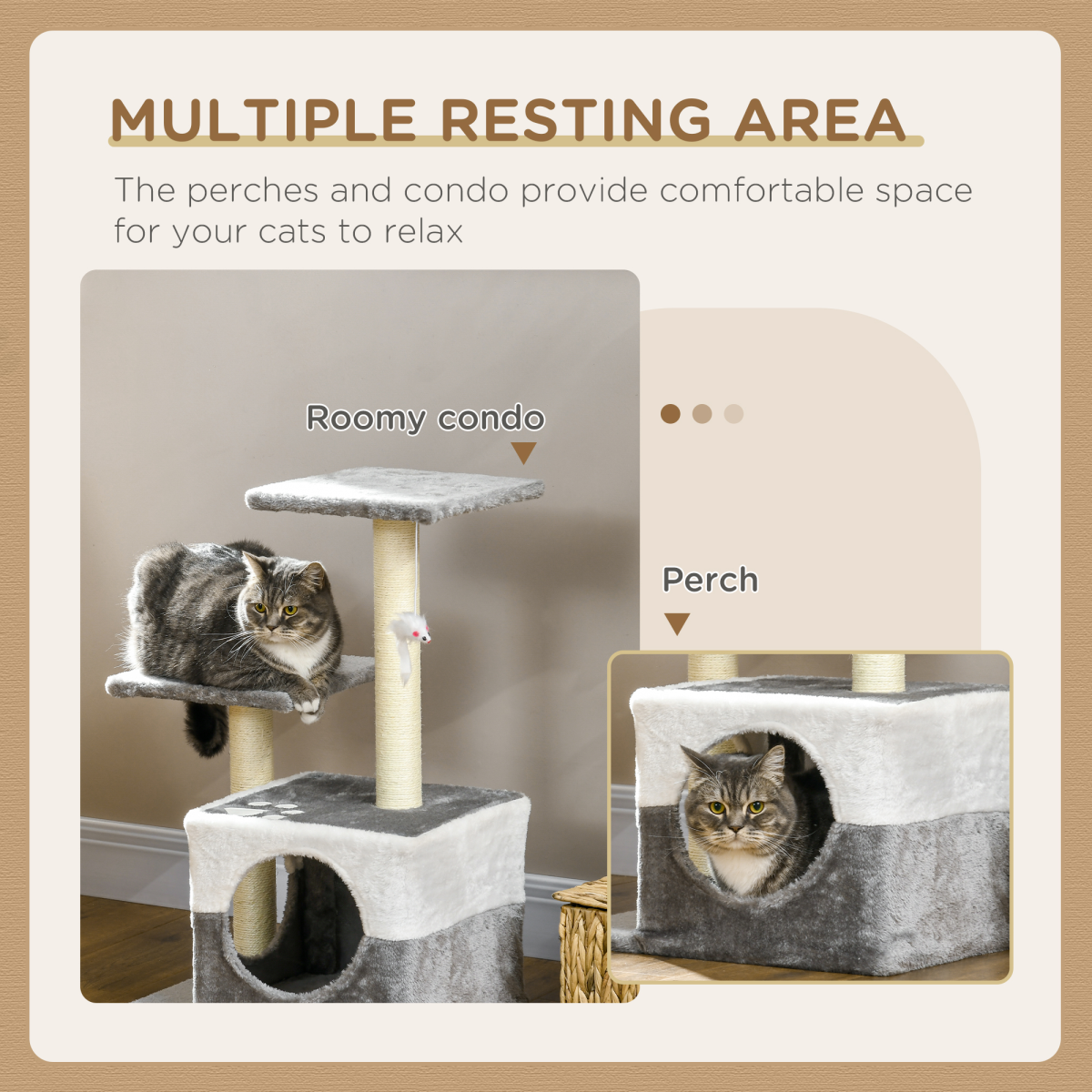PawHut Cat Tree w/ Sisal Scratching Posts, House, Perches, Toy Mouse - Grey