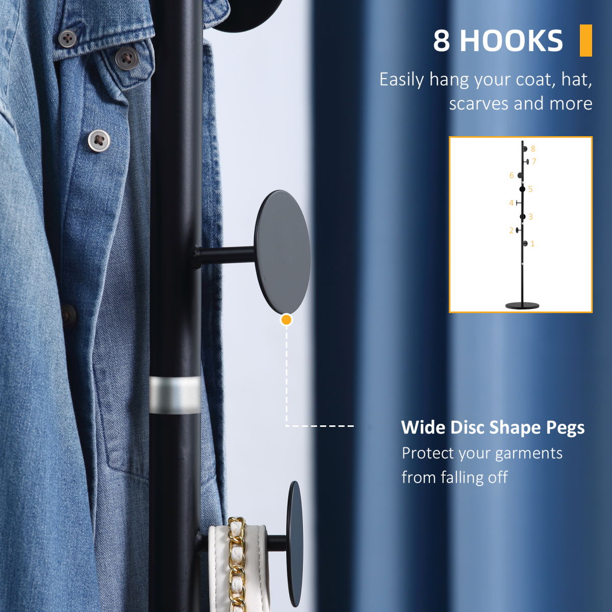 Steel Coat Stand Rack Marble Base 8 Hook for Living Room Entryway,Black