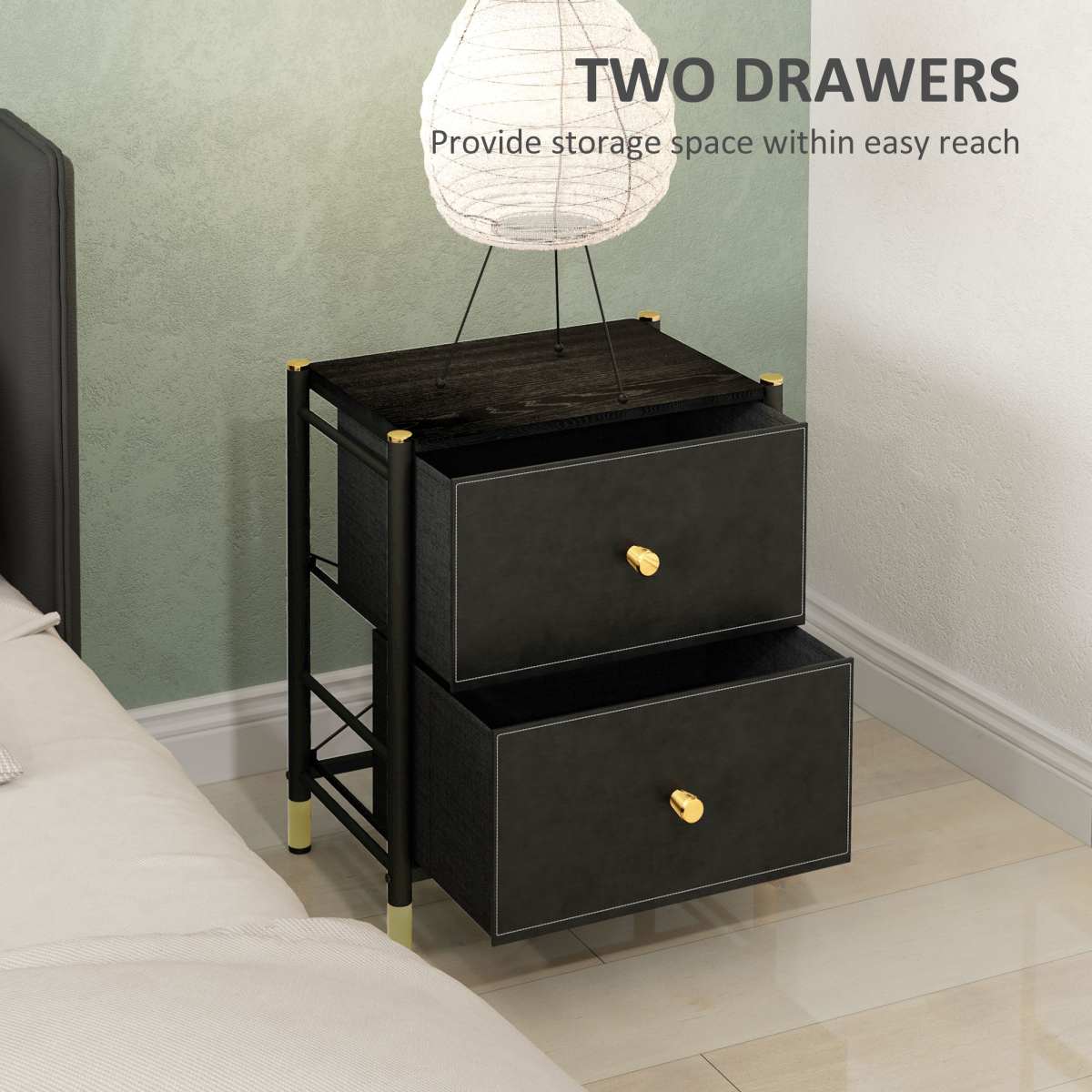 HOMCOM PU Leather Bedside Table with 2 Drawers and Steel Legs, Black